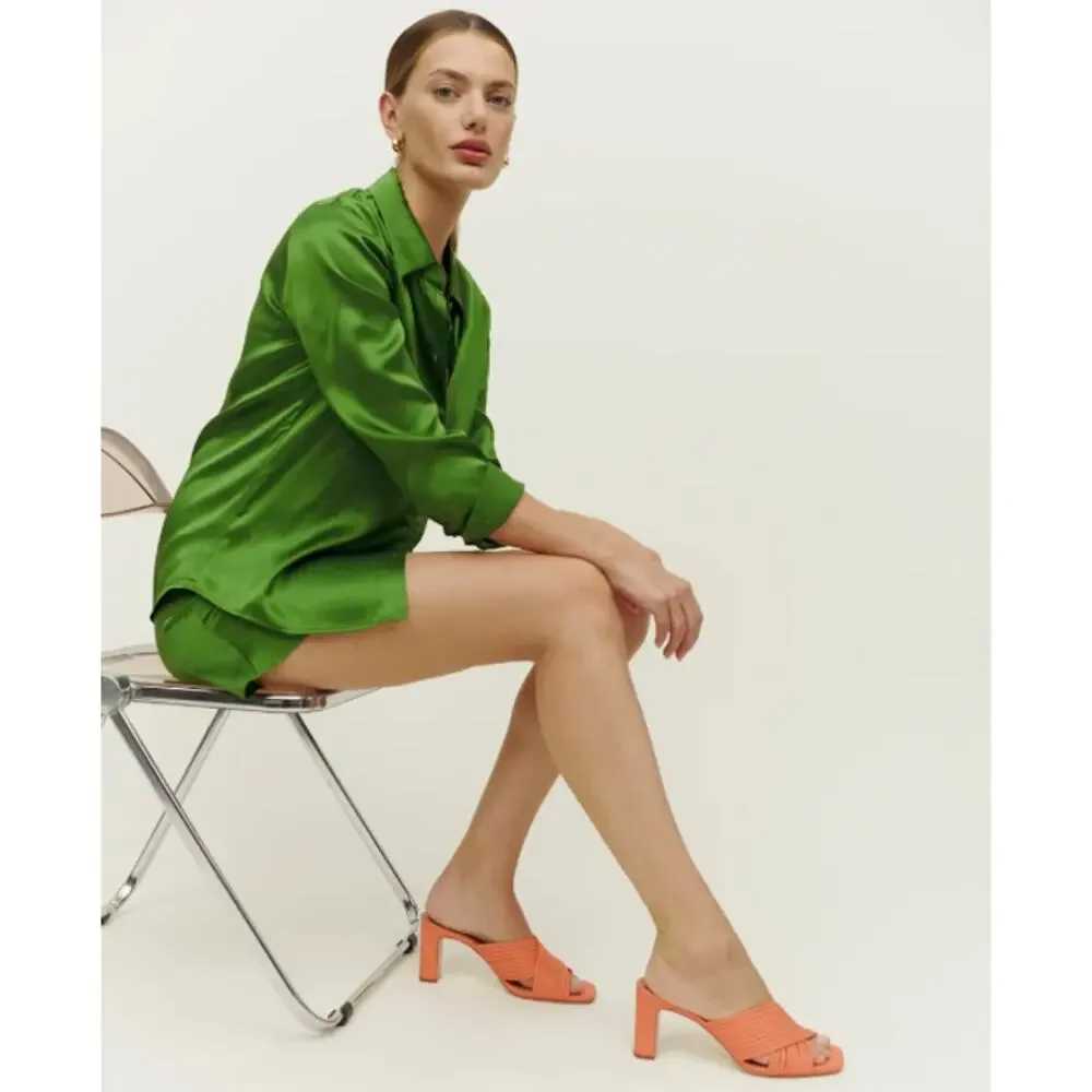 REFORMATION Lila Tubular Heeled Leather Sandals Mules Square Toe Block Heels - Picture 2 of 15